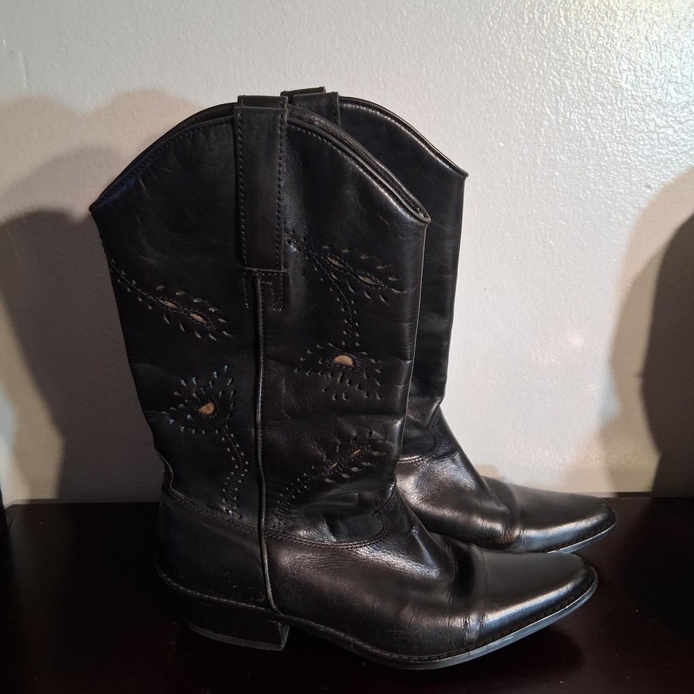 Womens black leather western boots cutout pointed toe laser cut floral detail